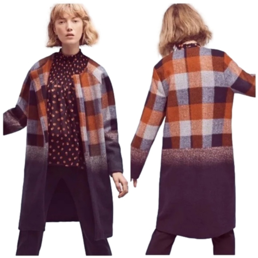 Anthropologie Plaid Coat in Orange and Blue
